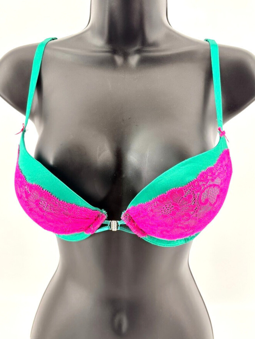 La Senza Hello Sugar Bra Padded Lace Overlay Underwire Green/Pink 34B